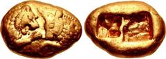 KINGS of LYDIA. Kroisos. Circa 564/53-550/39 BC. AV Stater (18.5mm, 10.71 g). Heavy standard. Sardes mint. Prototype issue. Confronted foreparts of lion, with sun on forehead, and bull / Two incuse sq