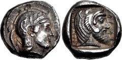 DYNASTS of LYCIA. Kherei. Circa 410-390 BC. AR Stater (18mm, 8.54 g, 12h). Telmessos mint. Head of Athena right, wearing crested Attic helmet decorated with spiral palmette and three olive leaves; TE 