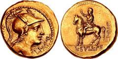 A. Manlius A.f. 80 BC. AV Aureus (20mm, 10.75 g, 8h). Uncertain Eastern mint. Draped bust of Roma right, wearing crested helmet ornamented with two plumes, and earrings; A • MAN downward to left, LI •