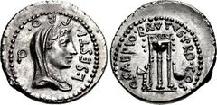 Brutus. Spring-early summer 42 BC. AR Denarius (20mm, 3.73 g, 12h). Military mint traveling with Brutus and Cassius in the East. L. Sestius, proquaestor . Veiled and draped bust of Libertas right; L •