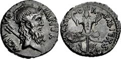The Pompeians. Sextus Pompey. 37/6 BC. AR Denarius (19mm, 3.94 g, 3h). Type I. Uncertain Sicilian mint. Diademed and bearded head of Neptune right; trident over left shoulder; (MA)G PI VS IMP I(TE)R a