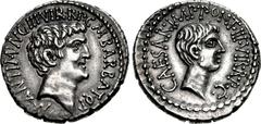 The Triumvirs. Mark Antony and Octavian. Spring-early summer 41 BC. AR Denarius (20mm, 3.99 g, 12h). Ephesus mint; M. Barbatius Pollio, quaestor pro praetore . Bare head of Mark Antony right; M • ANT 