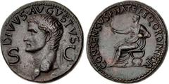 Divus Augustus. Died AD 14. Æ Dupondius (29mm, 15.54 g, 6h). Rome mint. Struck under Gaius (Caligula), AD 37-41. DIVVS · AVGVSTVS, radiate head left; S C to either side / CONSENSV SENAT · ET · EQ · OR