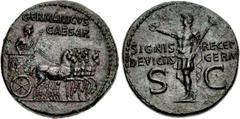 Germanicus. Died AD 19. Æ Dupondius (29mm, 17.72 g, 7h). Rome mint. Struck under Gaius (Caligula), AD 37-41. GERMANICVS/CAESAR in two lines above, Germanicus, bareheaded and draped, standing right in 