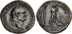 Vespasian. AD 69-79. Æ Sestertius (33mm, 25.10 g, 6h). Rome mint. Struck AD 71. IMP CAES VESPAS AVG P M TR P P P COS III, laureate head right / PAX AVG, Pax standing right, holding branch with left ha