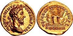 Marcus Aurelius. AD 161-180. AV Aureus (20mm, 7.62 g, 12h). Rome mint. Struck AD 176-177. M ANTONINVS AVG GERM SARM, laureate, draped, and cuirassed bust right / TR P XXXI IMP VIII COS III P P, DE GER