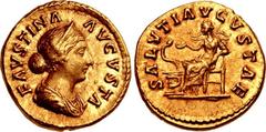Faustina Junior. Augusta, AD 147-175. AV Aureus (18mm, 7.18 g, 5h). Rome mint. Struck under Marcus Aurelius, AD 161-164. FAVSTINA AVGVSTA, draped bust right, wearing stephane / SALVTI AVGVSTAE, Salus 