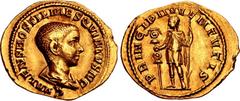 Hostilian. As Caesar, AD 250-251. AV Aureus (20.5mm, 3.52 g, 6h). Rome mint, 5th officina. 5th emission of Trajan Decius, AD 251. C VALENS HOSTIL MES QVINTVS N C, bareheaded and draped bust right / PR