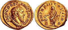 Postumus. Romano-Gallic Emperor, AD 260-269. AV Aureus (21mm, 5.61 g, 6h). Treveri (Trier) mint. Struck AD 262. IMP C POST–VMVS P F AVG, laureate and draped bust right / P M TR P III COS III P P, Post