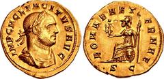 Tacitus. AD 275-276. AV Aureus (21mm, 4.98 g, 6h). Serdica mint. Struck early-June AD 276. IMP C M CL TACITVS AVG, laureate, draped, and cuirassed bust right / ROMAE AET–ERNAE, Roma seated left on shi
