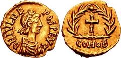 Julius Nepos. AD 474-475/480. AV Tremissis (13mm, 1.44 g, 6h). Mediolanum (Milan) mint. D N IVL NE–POS P F (AV)G, pearl-diademed, draped, and cuirassed bust right / Cross within wreath; CONOB. RIC X 3