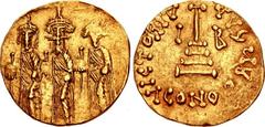 ISLAMIC, Umayyad Caliphate. temp. Mu'awiya I ibn Abi Sufyan. AH 41-60 / AD 661-680. AV Solidus (20mm, 4.42 g, 6h). Pseudo-Byzantine type. Three crowned figures (Heraclonas, Heraclius, and Heraclius Co