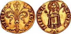 ITALY, Firenze. Repubblica. 1189-1532. AV Fiorino d’oro (20mm, 3.56 g, 3h). Segno : pyramid of three pellets. Struck 1252-1260. Ornate lily of Florence / Saint John the Baptist standing facing, holdin