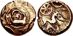 CELTIC, Iceni. Uninscribed. Circa 65-1 BC. AV Stater (16mm, 5.38 g). Freckenham Flower-Two Wheels (Icenian B) type. Large three-petal flower, with central pellet-in-annulet, in circle surrounded by fo