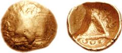 CELTIC, Central Europe. The Boii. Early 1st century BC. AV Eighth Stater (0.83 gm). Estimate $500 CELTIC, Central Europe. The Boii. Early 1st century BC. AV Eighth Stater (0.83 gm). Irregular bulge / 