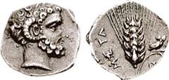 LUCANIA, Metapontion. Circa 325-275 BC. AR Diobol (1.03 gm, 1h). Estimate $750  LUCANIA, Metapontion. Circa 325-275 BC. AR Diobol (1.03 gm, 1h). Laureate head of Zeus Ammon right / META upward on left