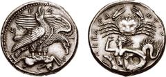 SICILY, Akragas. Circa 414-413 BC. AR Tetradrachm (17.25 gm, 5h). Estimate $200000  SICILY, Akragas. Circa 414-413 BC. AR Tetradrachm (17.25 gm, 5h). A-K-R-A-G around a pair of eagles standing right o