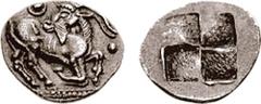 THRACO-MACEDONIAN TRIBES, The Mygdones or Krestones. Circa 480-470 BC. AR Diobol (1.03 gm). Estimate $500 THRACO-MACEDONIAN TRIBES, The Mygdones or Krestones. Circa 480-470 BC. AR Diobol (1.03 gm). Go