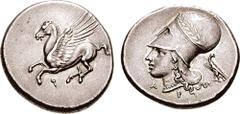 CORINTHIA, Corinth. Circa 345-307 BC. AR Stater (8.56 gm, 10h). Estimate $500 CORINTHIA, Corinth. Circa 345-307 BC. AR Stater (8.56 gm, 10h). Pegasos flying left, K below / Head of Athena left, wearin