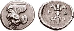 ELIS, Olympia. Circa 460s-450s BC. AR Stater (11.74 gm, 7h). Estimate $4000  ELIS, Olympia. Circa 460s-450s BC. AR Stater (11.74 gm, 7h). Eagle flying left, wings spread above, clutching dead hare in 