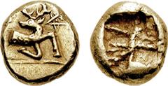 IONIA, Ephesos. Phanes. Circa 625-600 BC. EL Sixth Stater ­ Hekte (2.36 gm). Estimate $5000 IONIA, Ephesos. Phanes. Circa 625-600 BC. EL Sixth Stater ­ Hekte (2.36 gm). Forepart of stag right, head re