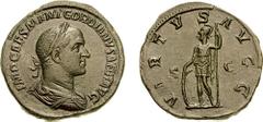 GORDIAN II. 238 AD. Æ Sestertius (20.21 gm, 12h). Estimate $3000 GORDIAN II. 238 AD. Æ Sestertius (20.21 gm, 12h). IMP CAES M ANT GORDIANVS AFR AVG, laureate, draped, and cuirassed bust right, seen fr
