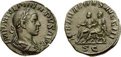 PHILIP II. 247-249 AD. Æ Sestertius (17.05 gm, 11h). Struck 248 AD. Estimate $500 PHILIP II. 247-249 AD. Æ Sestertius (17.05 gm, 11h). Struck 248 AD. IMP M IVL PHILIPPVS AVG, laureate, draped, and cui