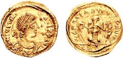 JUSTINIAN I. 527-565 AD. AV Half Tremissis (0.79 gm, 6h). Constantinople mint. Estimate $2000 JUSTINIAN I. 527-565 AD. AV Half Tremissis (0.79 gm, 6h). Constantinople mint. D N IVSTINI ANVS P P AVG, d