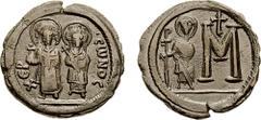 JUSTIN II. 565-578 AD. Æ Follis (14.72 gm, 6h). Cherson mint. Estimate $3000 JUSTIN II. 565-578 AD. Æ Follis (14.72 gm, 6h). Cherson mint. XEP •CWNOC, Justin, nimbate and holding globus cruciger, and 