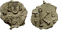 TIBERIUS III (Apsimar). 698-705 AD. Æ Half Follis (2.79 gm, 6h). Syracuse mint. Estimate $500 TIBERIUS III (Apsimar). 698-705 AD. Æ Half Follis (2.79 gm, 6h). Syracuse mint. Facing bust, with short be