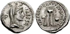 Brutus. Summer 42 BC. AR Denarius (18mm, 3.66 gm). Military mint moving with Brutus and Cassius in the East; L Sestius, proquaestor. Veiled and draped bust of Libertas right / Tripod between axe and s