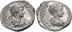 Caracalla, with Geta as Caesar. AD 198-217. AR Denarius (19mm, 3.17 g, 12h). Rome mint. Struck AD 199-201. Laureate, draped, and cuirassed bust of Caracalla right / Bareheaded, draped, and cuirassed b