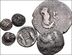 GREEK. Miscellaneous. Lot of six (6) Greek AR Fractions. Includes: An interesting group of eastern and western fractions ranging from a drachm to a tetartemorion. Fine to VF, toned, several with poros