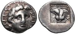 ISLANDS off CARIA, Rhodos. Rhodes. Circa 170-150 BC. AR Hemidrachm (11.5mm, 1.27 g, 12h). ‘Plinthophoric’ coinage. Mnemon, magistrate. Radiate head of Helios facing slightly right / Rose with bud to r