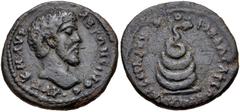 LYDIA, Philadelphia. Marcus Aurelius. AD 161-180. Æ (24mm, 7.11 g, 6h). Ladi. Severus, archon. Struck circa AD 161-162. Laureate head right / Serpent entwined around omphalos. BMC –; SNG Copenhagen –;