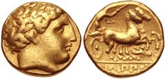 KINGS of MACEDON. temp. Philip II – Alexander III. Circa 340/36-328 BC. AV Stater (17mm, 8.55 g, 12h). In the name and types of Philip II. Pella mint. Head of Apollo right, wearing laurel wreath / Cha