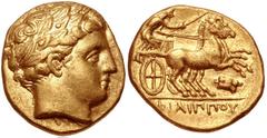 KINGS of MACEDON. temp. Philip II – Alexander III. Circa 340/36-328 BC. AV Stater (15.5mm, 8.59 g, 2h). In the name and types of Philip II. Amphipolis mint. Head of Apollo right, wearing laurel wreath