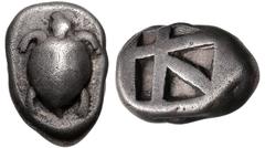 ISLANDS off ATTICA, Aegina. Circa 480-457 BC. AR Drachm (11mm, 5.92 g, 3h). Sea turtle, head in profile, [with ‘T-back’ design on shell] / Large square incuse with skew pattern. Meadows, Aegina, Group
