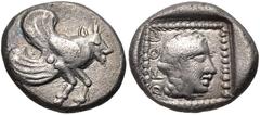 CARIA, Uncertain ('Mint G'). Orou. Local dynast, circa 450-400 BC. AR Quarter Stater (14mm, 2.67 g, 12h). Forepart of winged man-headed bull right / Head of female right in dotted square border within