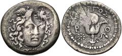ISLANDS off CARIA, Rhodos. Rhodes. Circa 205-200 BC. AR Didrachm (20mm, 4.44 g, 12h). Cretan War issue. Military mint on Crete; magistrate, Gorgos. Winged head of Medusa facing slightly right; c/m: bu