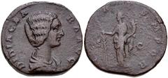 Didia Clara. Augusta, AD 193. Æ Sestertius (27.5mm, 18.13 g, 12h). Rome mint. Struck under Didius Julianus. Draped bust right / Hilaritas standing left, holding long palm branch set on ground and corn