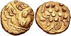 CELTIC, Atrebates & Regni. Uninscribed. Circa 60-50 BC. AV Stater (18mm, 6.33 g, 9h). Westerham South (Atrebatic A) type. Devolved head of Apollo right / Celtic horse left; block of pellets above; bel