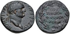 LYDIA, Sardis. Vespasian. AD 69-79. Æ (21mm, 8.37 g, 1h). T. Flavius Eisigonos, magistrate. Laureate head right / Magistrate’s name and ethnic within oak wreath. Cf. RPC II 1313-15 (for type). VF, att