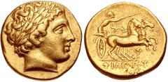 KINGS of MACEDON. temp. Philip II – Alexander III. Circa 340/36-328 BC. AV Stater (17.5mm, 8.53 g, 7h). In the name and types of Philip II. Pella mint. Head of Apollo right, wearing laurel wreath / Ch