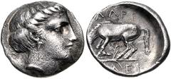 THESSALY, Larissa. Circa 365-356 BC. AR Hemidrachm (15mm, 2.84 g, 5h). Head of the nymph Larissa right, wearing earring / ΛΑΡ[Ι], bridled horse left, about to lie down; plant on groundline, [Π]ΛEI in 