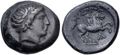 KINGS of MACEDON. Philip II. 359-336 BC. Æ Unit (18.5mm, 6.71 g, 7h). Uncertain mint in Macedon. Diademed head of Apollo right / Philip on horseback right; ΛO monogram below. SNG ANS 935. VF, dark bro