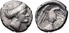 EUBOIA, Chalkis. Circa 338-308 BC. AR Drachm (16mm, 3.62 g, 12h). Head of the nymph Chalkis right / Eagle with spread wings, head right, clutching serpent; ZH monogram to left. Picard Em. 8; BCD Euboi