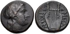 MEGARIS, Megara. Late 3rd-early 2nd centuries BC. Æ Tetrachalkon (18.5mm, 7.19 g, 2h). Laruerate head of Apollo right / Kithara with seven strings. BCD Peloponnesos 29–30 var. (strings on kithara); HG