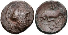 PHLIASIA, Phlious. Circa 350-325 BC. Æ Dichalkon (16mm, 3.41 g, 11h). Helmeted head of Athena right / Bull butting left, head facing; monogram in exergue. MacIssac Issue 2, N; BCD Peloponnesos 131.1; 