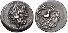 ACHAIA, Achaian League. Aigiera. Circa 160-146 BC. AR Triobol – Hemidrachm (16.5mm, 2.34 g, 5h). Laureate head of Zeus right / Achaian League monogram; above, forepart of goat right; Γ-Λ/Α-Υ in two li